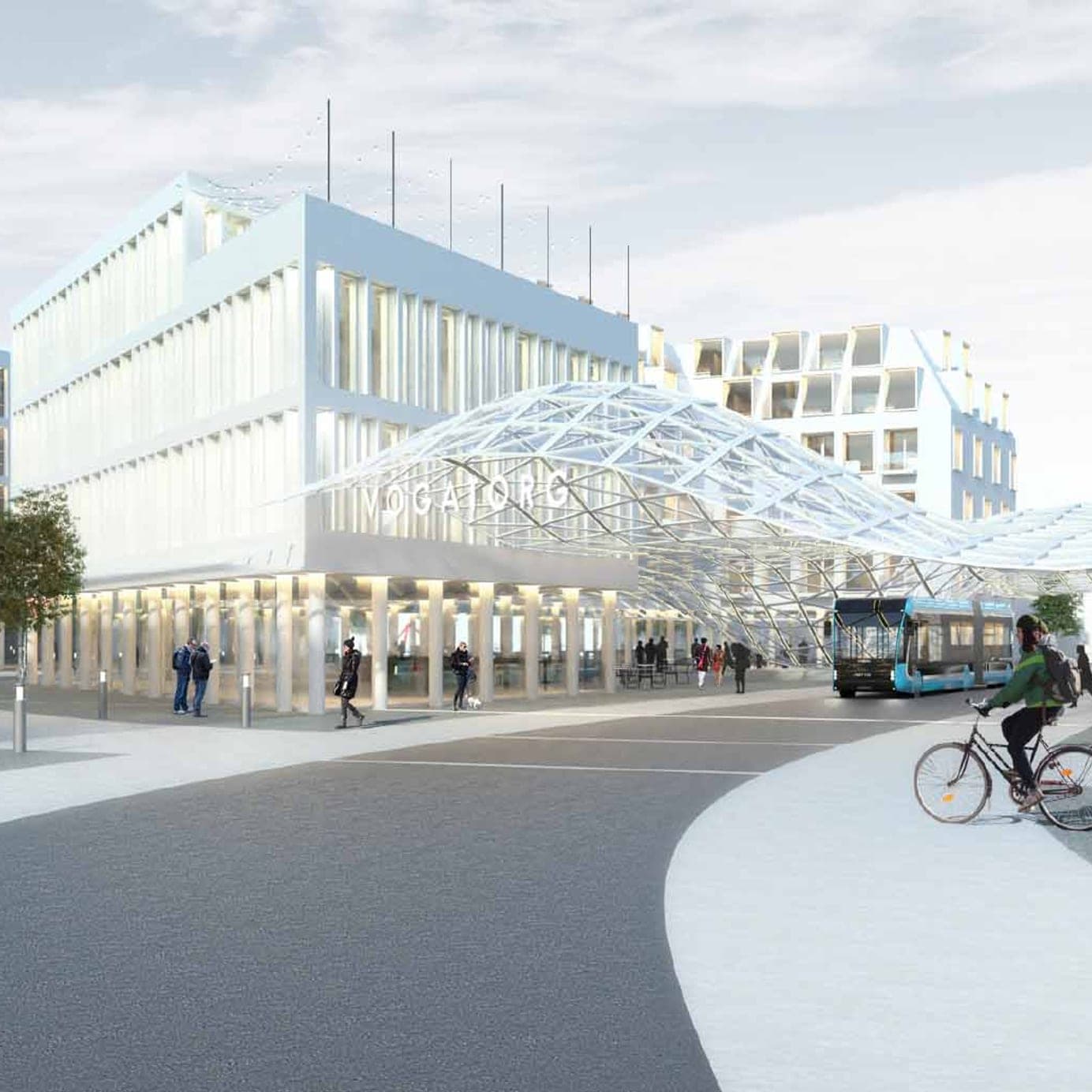 Tölvugerð mynd af Vogatorgi með yfirbyggðri biðstöð og hjólreiðafólki